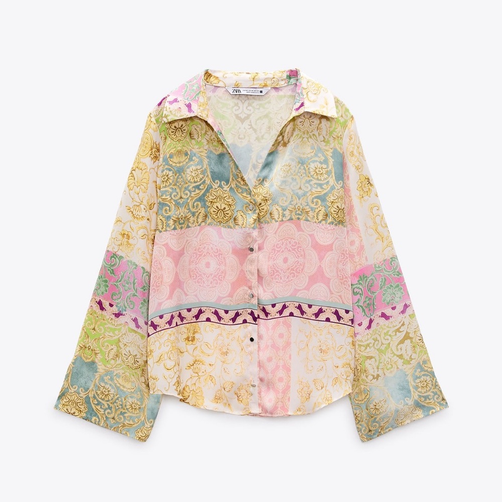 Zara Button Down Patchwork Multicolor Floral Satin - image 1